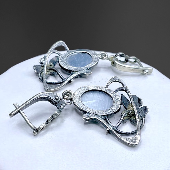 🌺Vintage Czech Sterling & Blue Glass Earrings - Picture 7 of 12